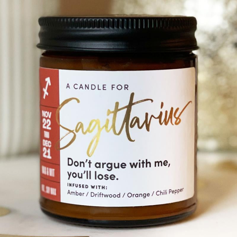 Sagittarius Zodiac Candle – Amber, Driftwood & Orange Scented Soy Wax Candle | 9oz Astrology Gift for November & December Birthdays