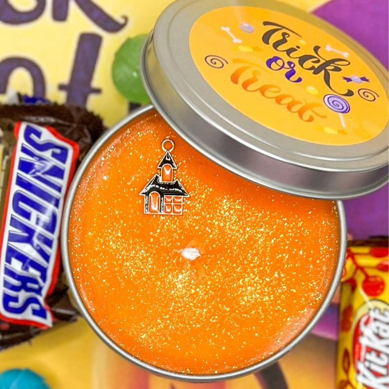 Trick or Treat Soy Wax Candle – Pumpkin, Persimmon & Orange Scent | Halloween Candle | Fall Scented Candle in Glass Jar or Tin (10oz/6oz)