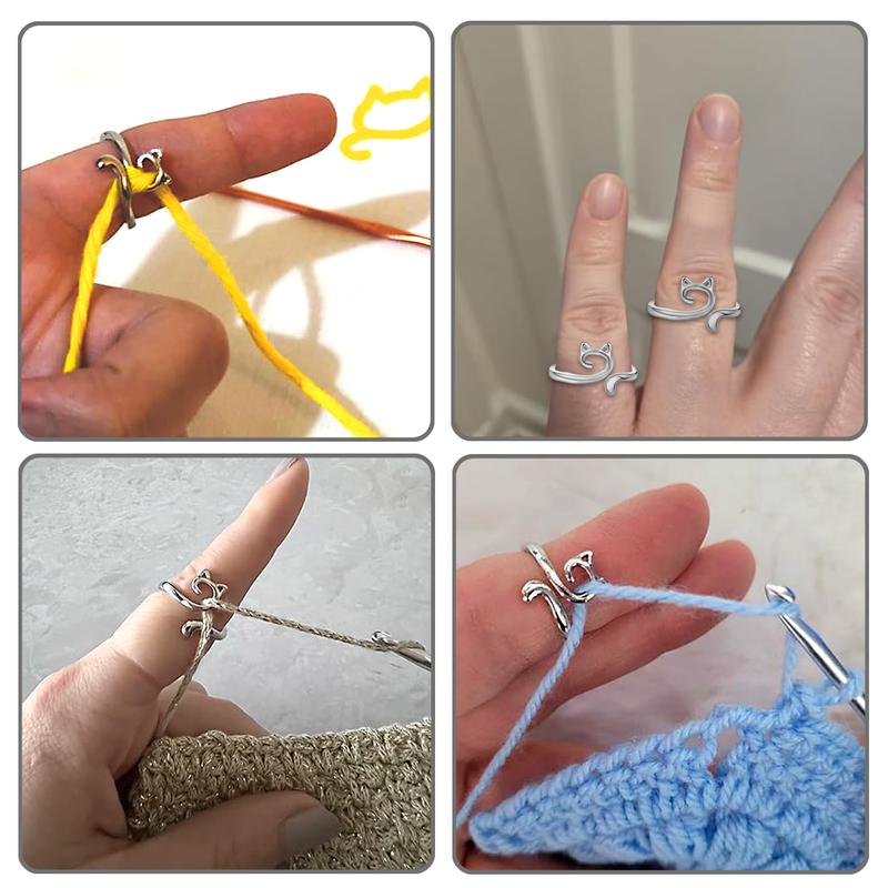 2-Pack Adjustable Cat Crochet Rings – Yarn Guide & Tension Ring for Crocheting and Knitting – Cute Alloy Finger Loop with Storage Box