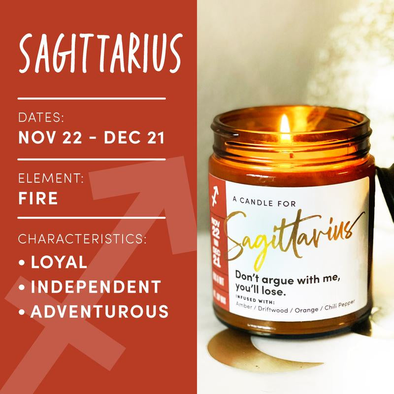 Sagittarius Zodiac Candle – Amber, Driftwood & Orange Scented Soy Wax Candle | 9oz Astrology Gift for November & December Birthdays