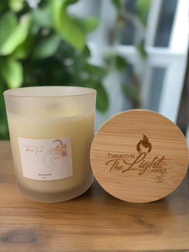 Thankful 14 Oz Soy Candle in Frosted Container W/Bamboo Lid