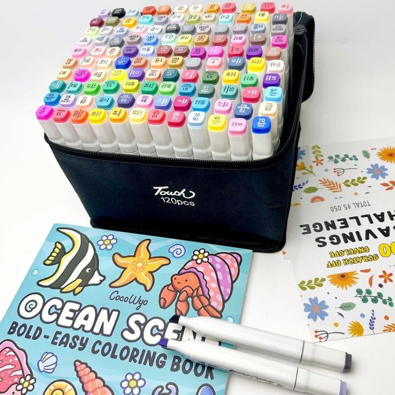120 Color Double Headed Marker Set, Art Painting Tool, Model Making Color Pen, Permanent Sketch Marker Pen, Adult Illustration Art Coloring Pen+Coloring Book - Corner