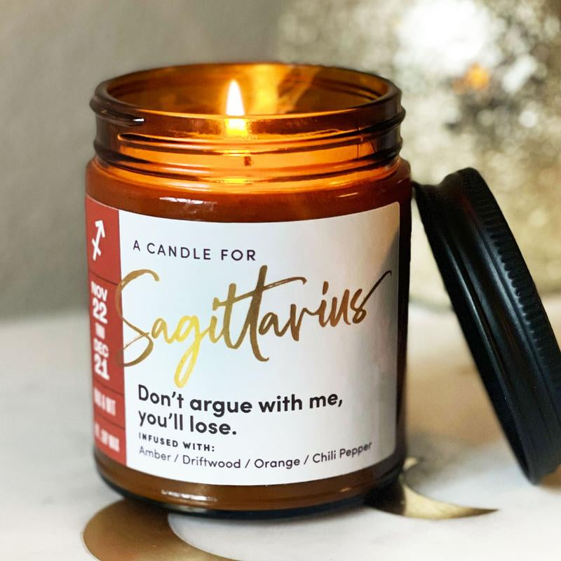 Sagittarius Zodiac Candle – Amber, Driftwood & Orange Scented Soy Wax Candle | 9oz Astrology Gift for November & December Birthdays