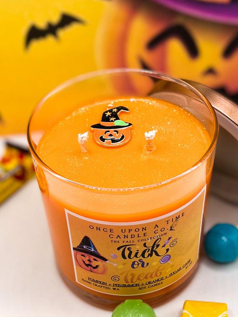 Trick or Treat Soy Wax Candle – Pumpkin, Persimmon & Orange Scent | Halloween Candle | Fall Scented Candle in Glass Jar or Tin (10oz/6oz)