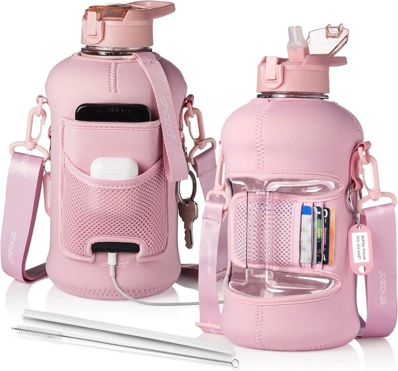 2.2L (74oz) Half Gallon Water Bottle with Straw – Large BPA-Free Gym Bottle with Storage Sleeve, Phone Pocket, Built-in Wallet & Cleaning Brush