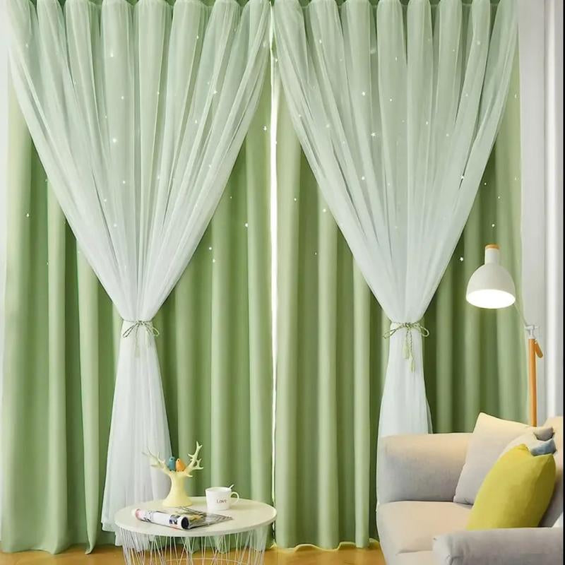 2-Piece Star Cutout Blackout Curtains – Tulle Overlay, Thermal Insulated, Light Blocking Drapes | 39.3” x 78.7” | Dreamy Room Decor