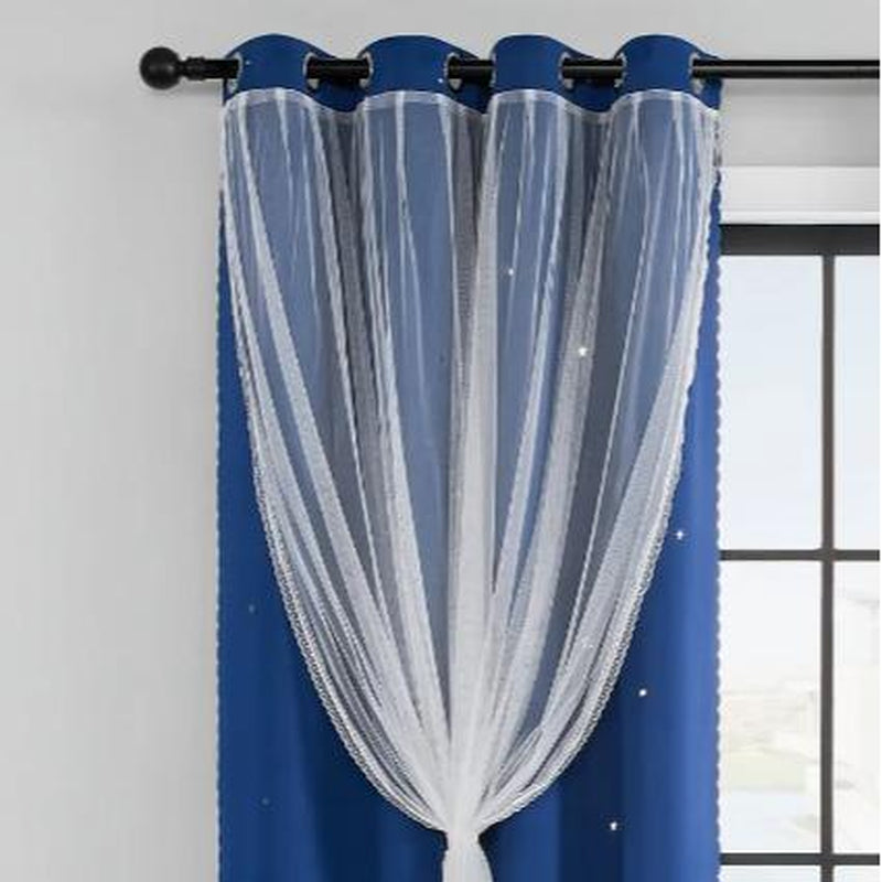 2-Piece Star Cutout Blackout Curtains – Tulle Overlay, Thermal Insulated, Light Blocking Drapes | 39.3” x 78.7” | Dreamy Room Decor