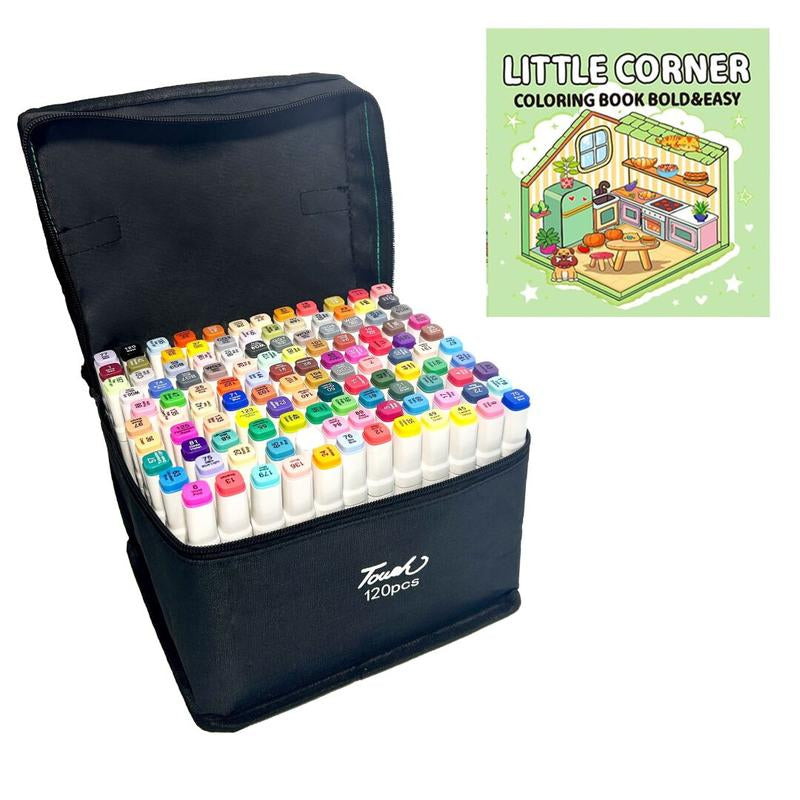 120 Color Double Headed Marker Set, Art Painting Tool, Model Making Color Pen, Permanent Sketch Marker Pen, Adult Illustration Art Coloring Pen+Coloring Book - Corner