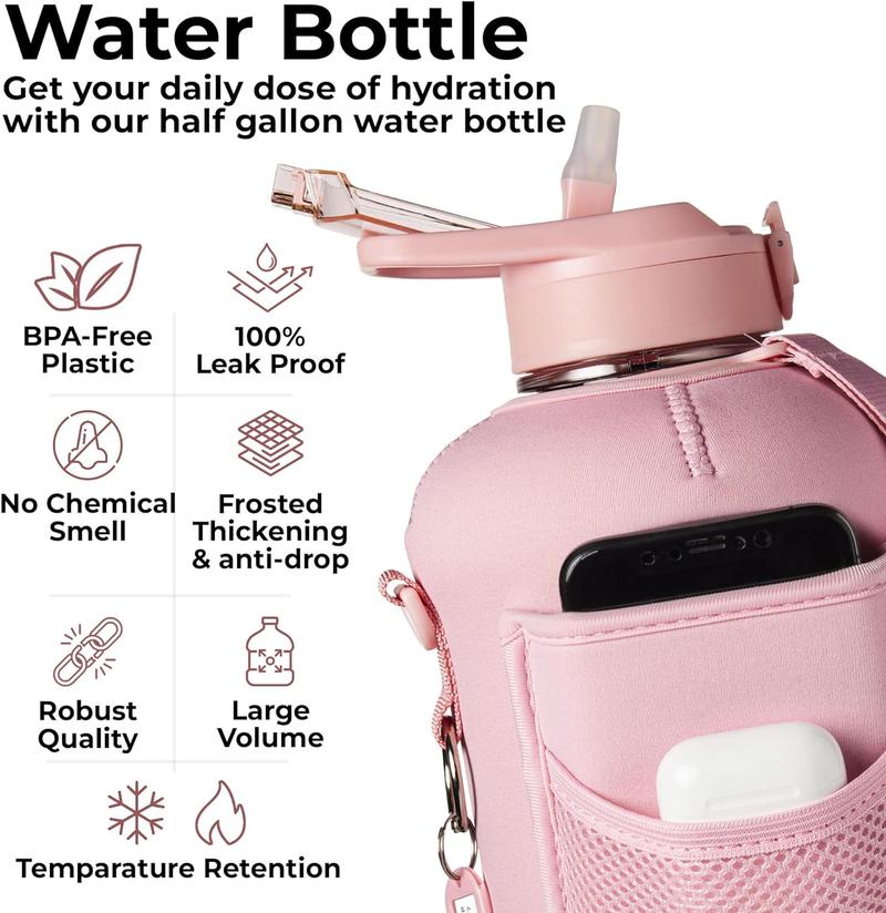 2.2L (74oz) Half Gallon Water Bottle with Straw – Large BPA-Free Gym Bottle with Storage Sleeve, Phone Pocket, Built-in Wallet & Cleaning Brush