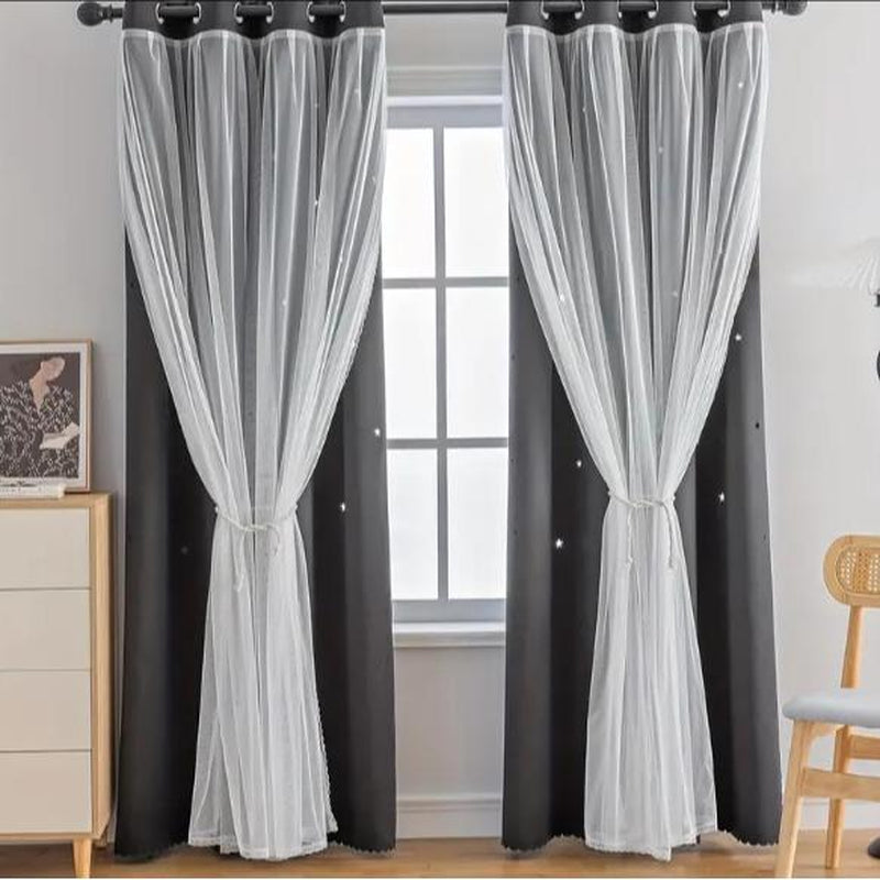 2-Piece Star Cutout Blackout Curtains – Tulle Overlay, Thermal Insulated, Light Blocking Drapes | 39.3” x 78.7” | Dreamy Room Decor