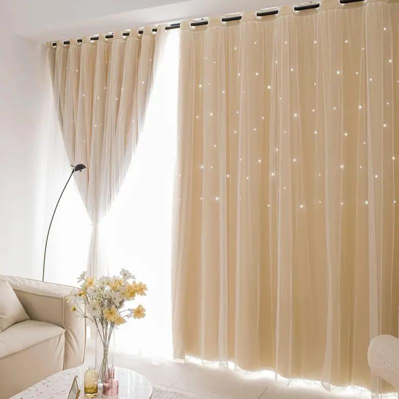 2-Piece Star Cutout Blackout Curtains – Tulle Overlay, Thermal Insulated, Light Blocking Drapes | 39.3” x 78.7” | Dreamy Room Decor