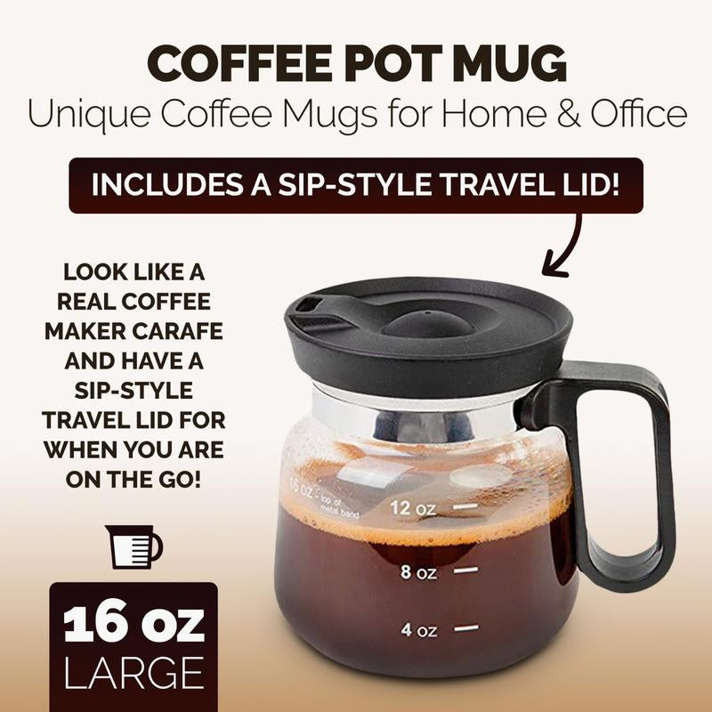 16 oz Glass Coffee Pot Mug – Mini Carafe-Style Novelty Mug with Sip Lid | Funny Gift for Coffee Lovers & Office Desk Must-Have