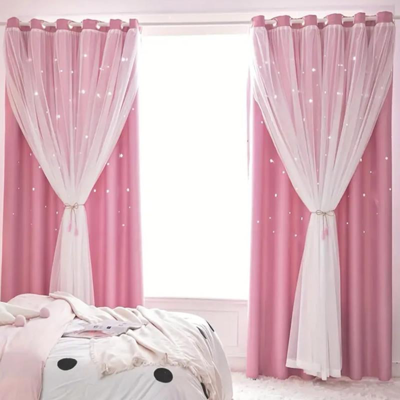 2-Piece Star Cutout Blackout Curtains – Tulle Overlay, Thermal Insulated, Light Blocking Drapes | 39.3” x 78.7” | Dreamy Room Decor