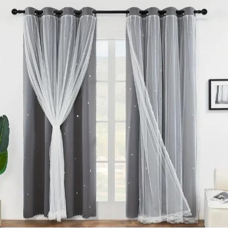2-Piece Star Cutout Blackout Curtains – Tulle Overlay, Thermal Insulated, Light Blocking Drapes | 39.3” x 78.7” | Dreamy Room Decor