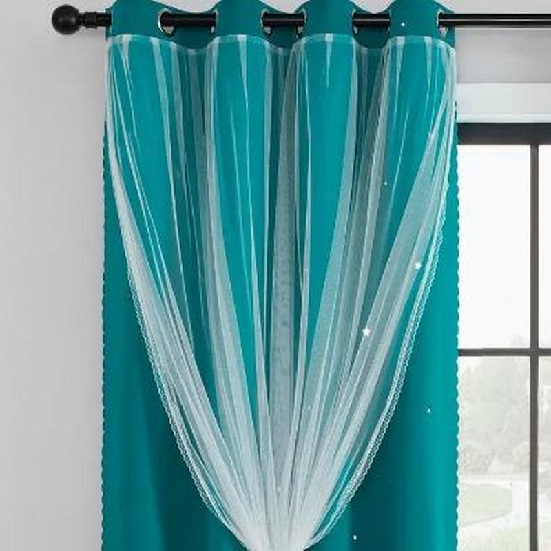 2-Piece Star Cutout Blackout Curtains – Tulle Overlay, Thermal Insulated, Light Blocking Drapes | 39.3” x 78.7” | Dreamy Room Decor