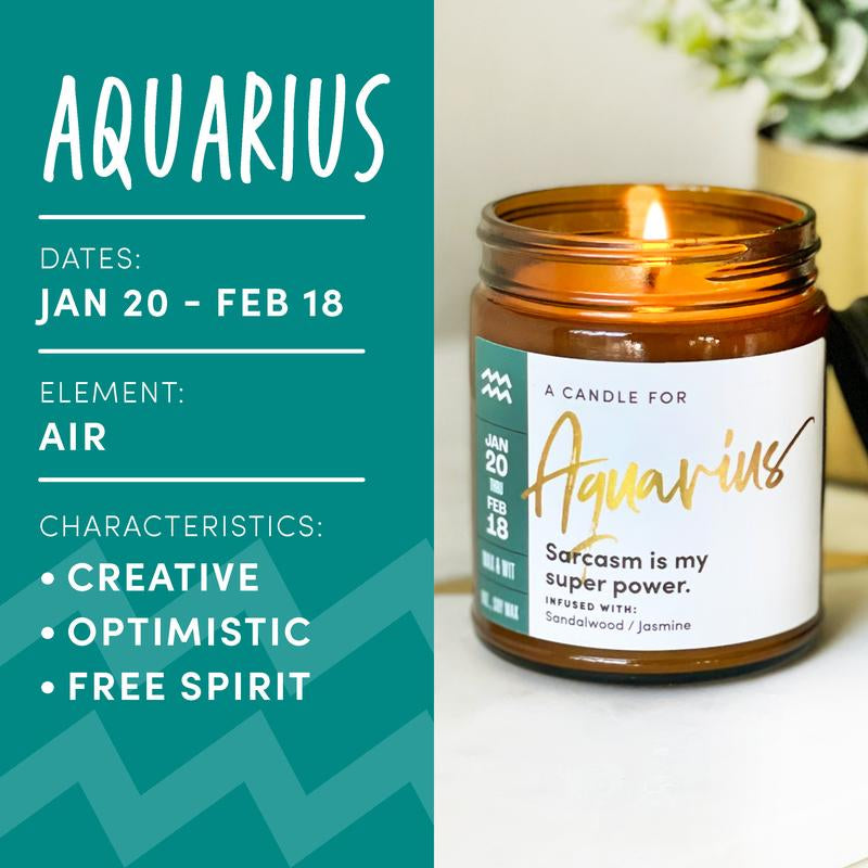 Wax & Wit Aquarius Candle, Zodiac Gifts, Astrology Gift, January Birthday Gifts, February Birthday Gifts - 9Oz Glass Jar