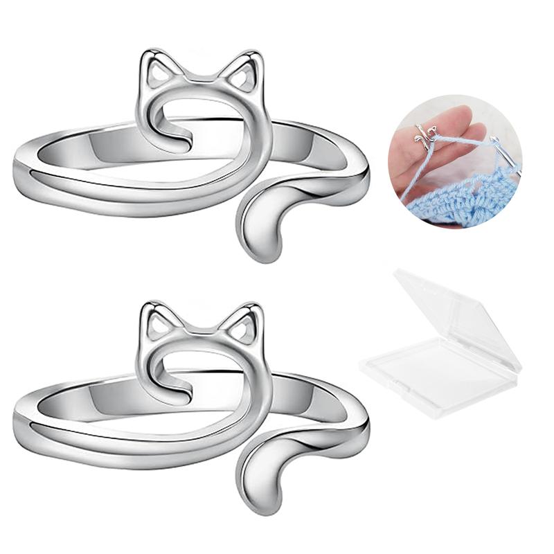 2-Pack Adjustable Cat Crochet Rings – Yarn Guide & Tension Ring for Crocheting and Knitting – Cute Alloy Finger Loop with Storage Box
