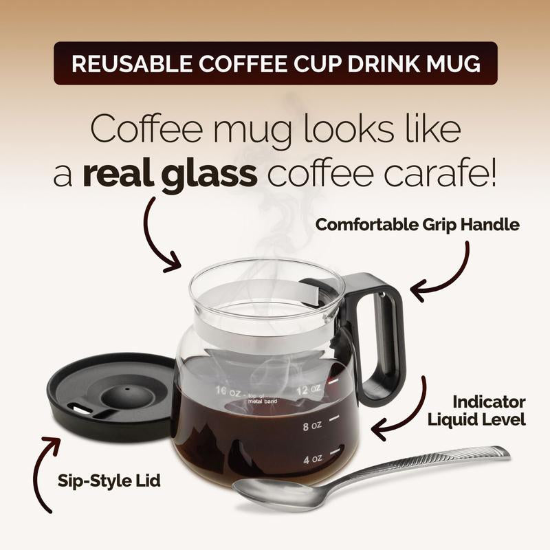 16 oz Glass Coffee Pot Mug – Mini Carafe-Style Novelty Mug with Sip Lid | Funny Gift for Coffee Lovers & Office Desk Must-Have
