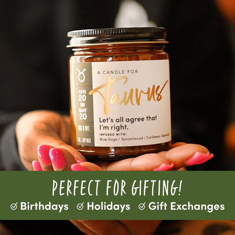 Wax & Wit Taurus Candle, Zodiac Gifts, Astrology Gift, Zodiac Candles, April Birthday Gifts, May Birthday Gifts, Birthday Candle - 9Oz