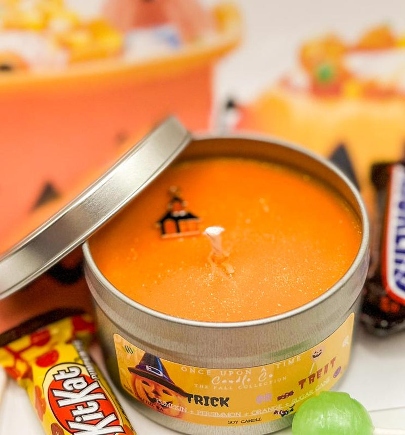 Trick or Treat Soy Wax Candle – Pumpkin, Persimmon & Orange Scent | Halloween Candle | Fall Scented Candle in Glass Jar or Tin (10oz/6oz)