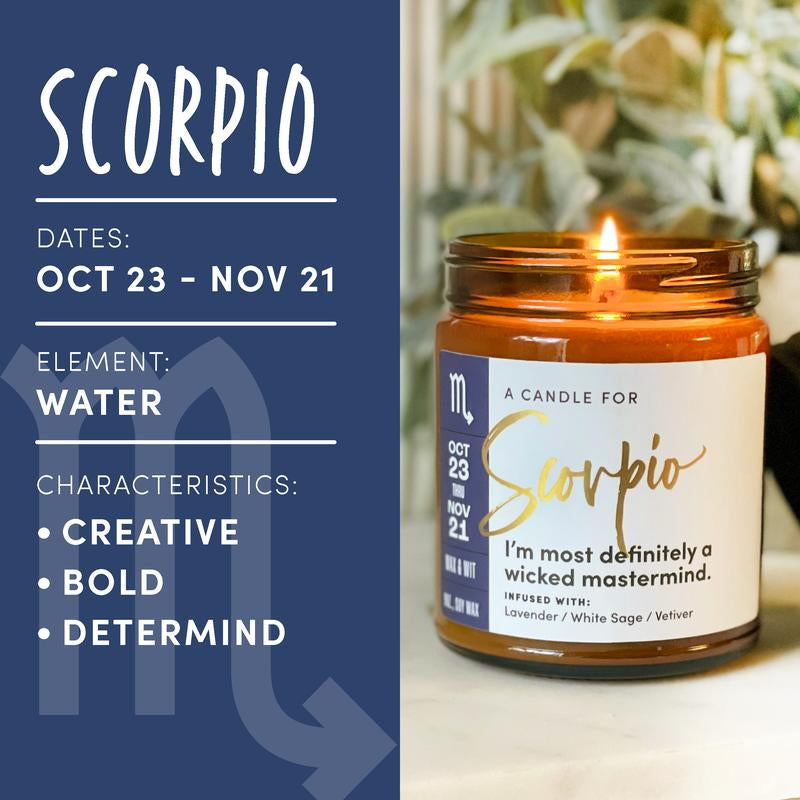 Wax & Wit Scorpio Candle, Zodiac Gift, Astrology Gifts, Zodiac Candles, October Birthday Gifts, November Birthday Gifts, Astrology Candle - 9Oz