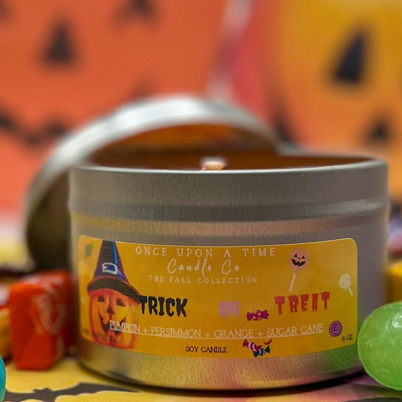 Trick or Treat Soy Wax Candle – Pumpkin, Persimmon & Orange Scent | Halloween Candle | Fall Scented Candle in Glass Jar or Tin (10oz/6oz)