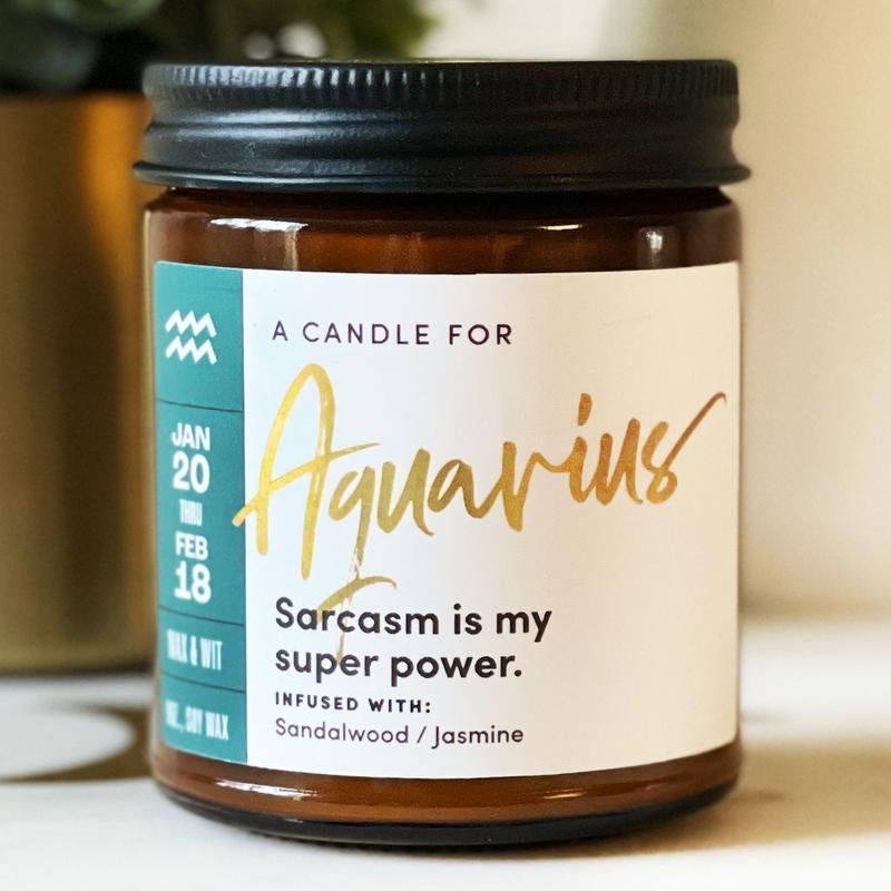 Wax & Wit Aquarius Candle, Zodiac Gifts, Astrology Gift, January Birthday Gifts, February Birthday Gifts - 9Oz Glass Jar