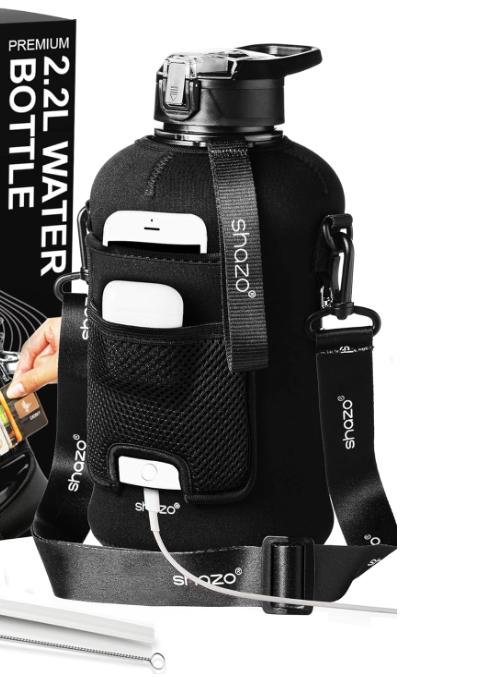 2.2L (74oz) Half Gallon Water Bottle with Straw – Large BPA-Free Gym Bottle with Storage Sleeve, Phone Pocket, Built-in Wallet & Cleaning Brush