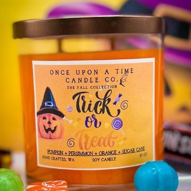 Trick or Treat Soy Wax Candle – Pumpkin, Persimmon & Orange Scent | Halloween Candle | Fall Scented Candle in Glass Jar or Tin (10oz/6oz)