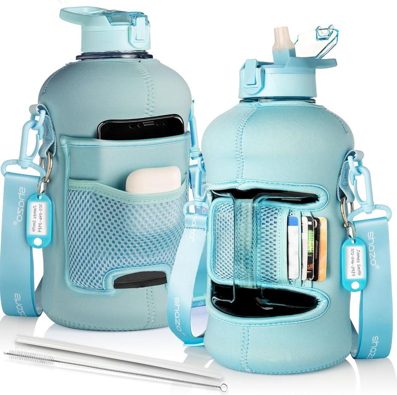 2.2L (74oz) Half Gallon Water Bottle with Straw – Large BPA-Free Gym Bottle with Storage Sleeve, Phone Pocket, Built-in Wallet & Cleaning Brush